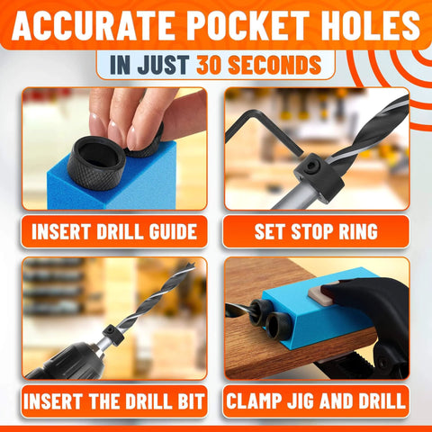 Process steps to use Pocket Hole Jig Kit For Woodworking, 14-Piece Aluminum Pocket Screw Jig Set With 0.2 Millimeter Precision