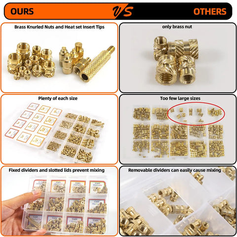 Comparison of Brass Heat Set Threaded Inserts Kit For 3D Printing M2 To M5 Sizes Knurled Nuts Assortment with organized components.