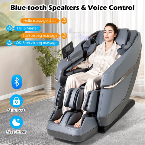 Zero Gravity Full Body Massage Chair Featuring SL Track Kneading Heated Lumbar Padding Built In Airbags Smart Voice Activation Auto Body Scan For Instant Muscle Recovery And Top Tier Daily Chill Vibes In Grey