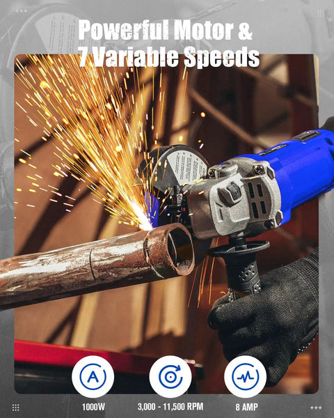 Beefy Four And A Half Inch Angle Grinder With 1000W Motor And 7 Variable Speeds Reaching Up To 11,500 RPM cutting metal pipe