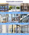 Weather-stripping collage of doors and windows, including hotel door, casement, balcony, skylight, and office windows.