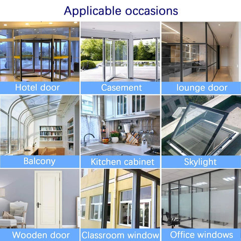Weather-stripping collage of doors and windows, including hotel door, casement, balcony, skylight, and office windows.