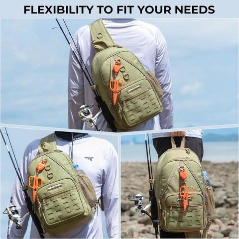 Karryall Sling Tackle Bag For Fishing, Lightweight Sling Pack With Rod Holder, MOLLE System, worn by fisherman outdoors