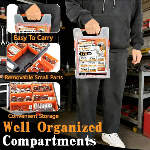 Heavy Duty Stainless Steel Worm Gear Hose Clamps Set, 175-Piece Assortment with case showing organized compartments