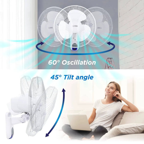 16 Inch Wall Mounted Fan With Remote Control, Oscillating White Air Circulator For Home Office And Bedroom, Beats The Heat