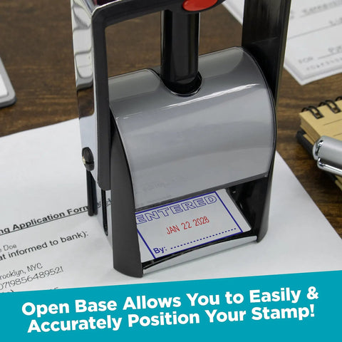 Heavy Duty Self Inking Date Stamp With Approved Phrase And Hella Tough Red Refillable Pads Built To Run Like A Champ On Busy Desks While Keeping Your Fingers Completely Dry During Heavy Use, positioned on paperwork.