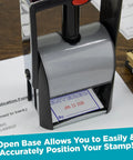 Heavy Duty Self Inking Date Stamp Workhorse Featuring Smooth Rotating Wheels With Received Phrase on desk for clear impressions.