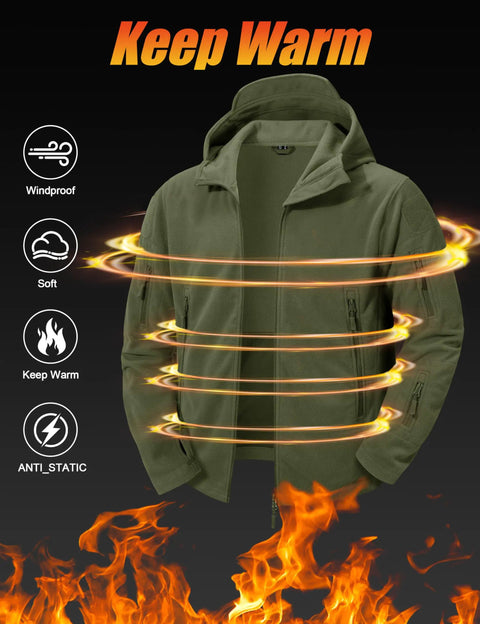 Men's Tactical Fleece Lining Jacket With Front Zip Left Zip For Hunting And Mountaineering, Windproof Thermal Coat, Army Green