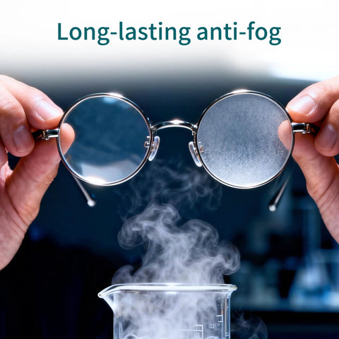 Eyeglasses with round metal frames held over a steaming beaker, illustrating anti-fog.