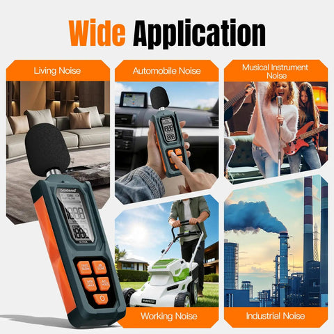 Handy Decibel Meter For Home, Office And Factory, Digital Sound Level Meter With AC Weighting, Reads 30 To 130 dB, Fast And Slow Response, Max And Min Readouts, LCD Screen, Neighbors Noise Checker, Vitality Orange shown measuring living, car, music, work and industrial noise