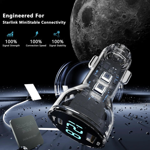 Road Trip Ready 3 In 1 Car Adapter For Starlink Mini with visible digital display and dual USB ports for car charging.