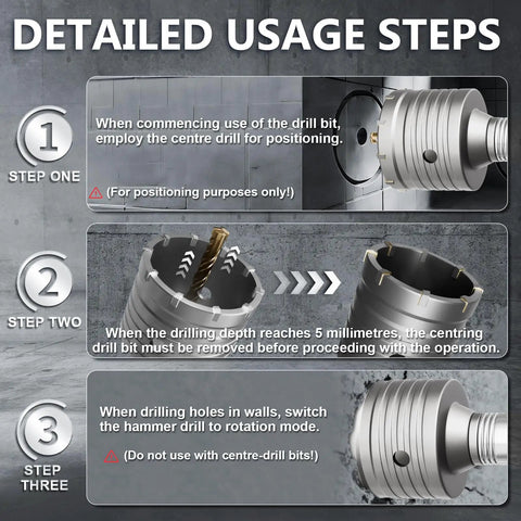Detailed usage steps for Tough Four Inch Concrete Hole Saw With Slick Quick Release Auto Lock Sds Plus Shank for masonry.