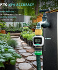 Water Flow Meter With Brass Fittings For Garden Hose Easy Install For RV Outdoor Plants Lawn And Pool Monitoring Tracks Gallons Or Liters Waterproof Screen Four Modes Durable Leak Resistant Brass Ports attached to outdoor faucet in garden