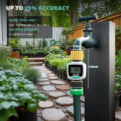 Water Flow Meter With Brass Fittings For Garden Hose Easy Install For RV Outdoor Plants Lawn And Pool Monitoring Tracks Gallons Or Liters Waterproof Screen Four Modes Durable Leak Resistant Brass Ports attached to outdoor faucet in garden