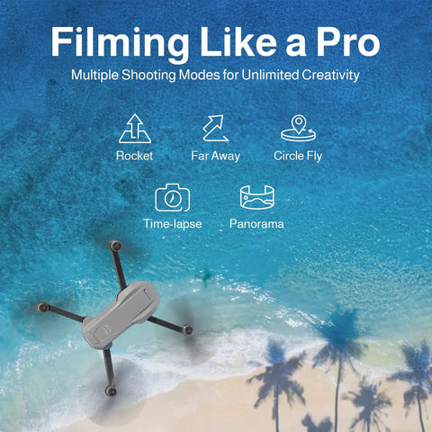 Dope 4K Camera Drone With GPS For Beginners And Pros hovering over a beach with icons for shooting modes like rocket and panorama.