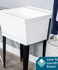 Heavy Duty 19 Gallon Thermoplastic Utility Sink With Adjustable Metal Legs in laundry room setting