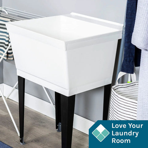 Heavy Duty 19 Gallon Thermoplastic Utility Sink With Adjustable Metal Legs in laundry room setting