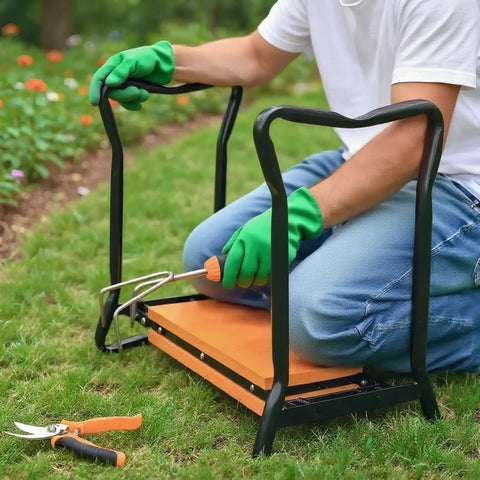 Heavy Duty Foldable Garden Kneeler And Seat With Two Tool Bags, Two In One Ergonomic Kneeling Chair For Weeding And Planting, Adjustable Height Metal Frame With EVA Cushion, Lightweight Portable Garden Workstation