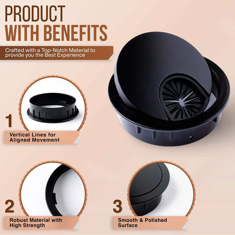 Metal Desk Grommet 2 Inch Pack Of 2 Flat Black Zinc Alloy Cable Hole Cover with smooth polished surface, robust material and safe edges.
