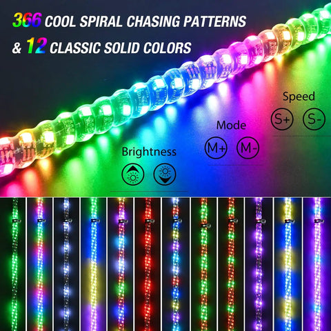 2 Pack 3Ft Spiral RGB LED Whip Lights With RF Remote 360 Degree Chasing Color display and color modes