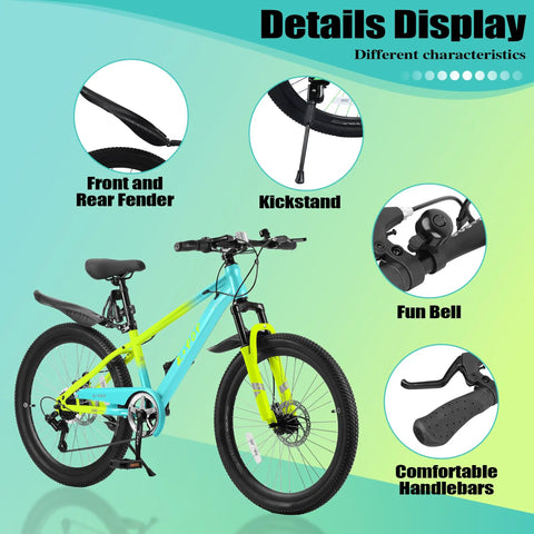 Details of a 24 Inch Kids Mountain Bike With Front Suspension, 1 Or 7 Speed Gears, Adjustable Seat Height, Front And Rear Disc Brakes