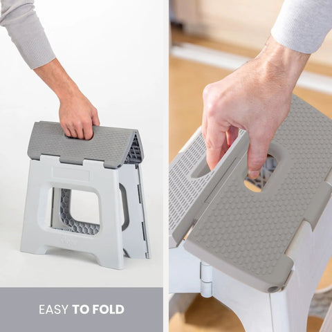 Compact Foldable Step Stool for Adults Up to 330 Pounds, Lightweight Non Slip Gray Stool, showing easy fold design