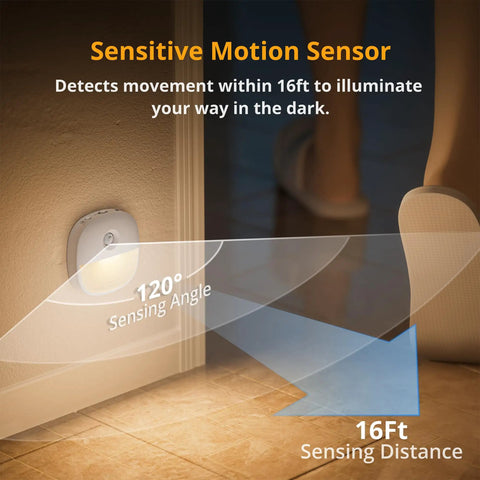 Must Have Rechargeable Motion Sensor Night Light Stick On LED Light USB Powered Dimmable 1 To 20 Lm showing 120° angle and 16 ft range.