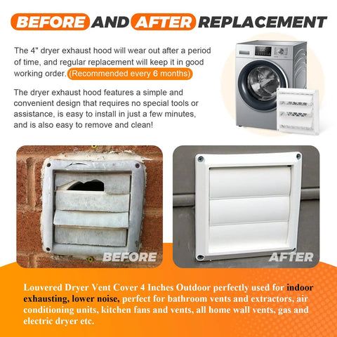 Before and after images of 4 Inch Louvered Dryer Vent Cover With Aluminum Pest Guard Screen, showing installation on a wall.