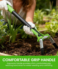 Gardener using Action Stirrup Hoe With Ergonomic Handle For Weeding And Planting in soil bed, rust-resistant steel blade visible