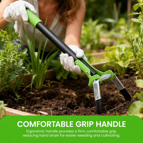 Gardener using Action Stirrup Hoe With Ergonomic Handle For Weeding And Planting in soil bed, rust-resistant steel blade visible