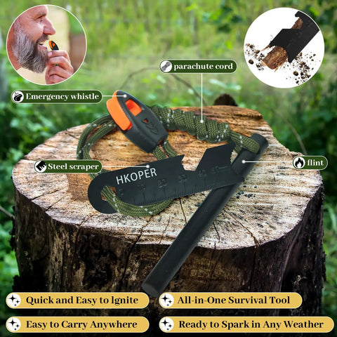 All In One Fire Starter Kit With A 4 Inch Ferro Rod For Camping And Hiking, Flint And Steel Survival Tool With Paracord And Whistle