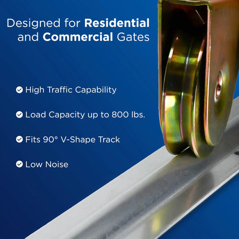 Badass Heavy Duty Galvanized 4 Inch V Groove Wheel With Precision Bearing For Smooth Sliding Gate Track 800 Pound Load Rating on track.