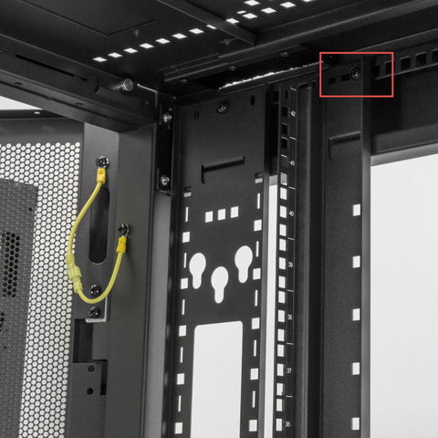 Interior detail of Solid As A Rock 25U Server Rack Cabinet with mounting holes and cable management features.