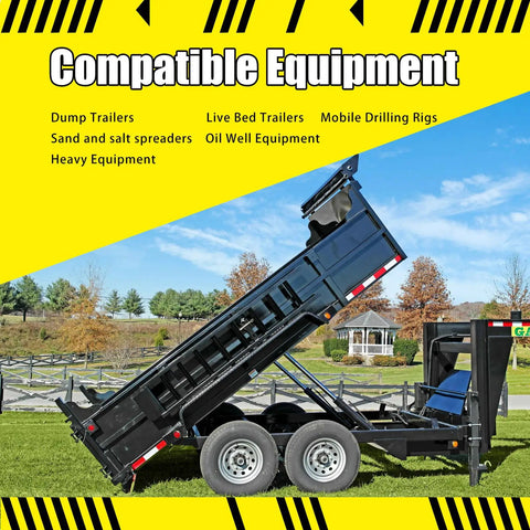 Dump trailer raised on grass under blue sky, compatible equipment for 1-1/4 Inch Hydraulic Quick Disconnect Coupling Set With Wing Nut Sleeve Heavy Duty Brass NPT 1-1/4 Female 3000 PSI 80 GPM For Dump Trailer Live Bed Equipment 2 Pack Secure Leak Free Connection