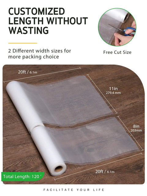 Bulk Vacuum Sealer Bags Set With 11x20 Ft And 8x20 Ft Rolls on wooden surface; customizable BPA-free storage for meal prep and sous vide.