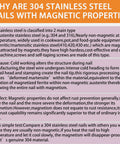 Infographic explaining properties of 304 Stainless Steel nails, including magnetism, corrosion resistance, and types.