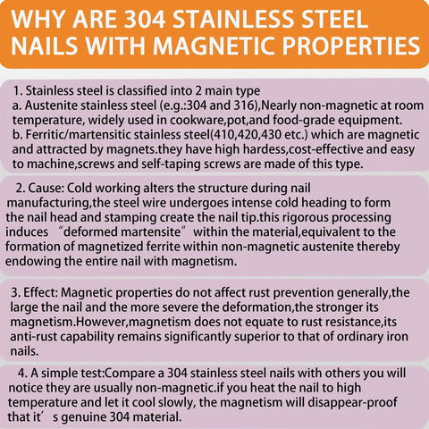 Infographic explaining properties of 304 Stainless Steel nails, including magnetism, corrosion resistance, and types.