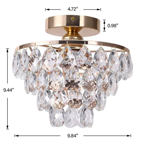 Lit Gold Crystal Chandelier Mini Ceiling Light Modern Flush Mount With Raindrop Crystals For Hallway Bedroom Living Room E26 Base Easy Install Boss Look Ceiling Fixture with dimensions.