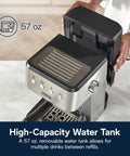 Top Notch Stainless Steel Espresso Machine With Built In Milk Frother For Killer Homemade Lattes And Smooth Cappuccinos Powered By Consistent Nine Bar Pressure And Zero Effort Auto Stop Settings Anytime, featuring a 57 oz removable water tank.