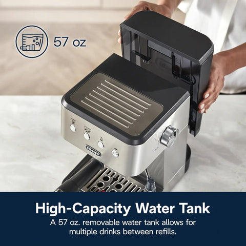 Top Notch Stainless Steel Espresso Machine With Built In Milk Frother For Killer Homemade Lattes And Smooth Cappuccinos Powered By Consistent Nine Bar Pressure And Zero Effort Auto Stop Settings Anytime, featuring a 57 oz removable water tank.