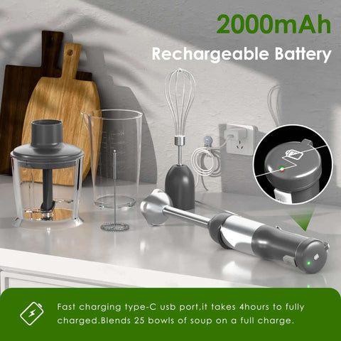 Kickass 5-In-1 Cordless Immersion Blender With Rechargeable Handheld Battery and Dependable Power Source, accessories and charger.