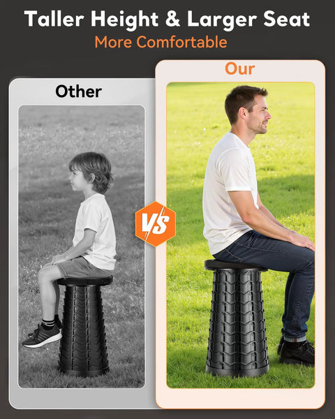 Comparison of Heavy Duty Portable Collapsible Stool With Wide Seat showing taller height in use by an adult and child.