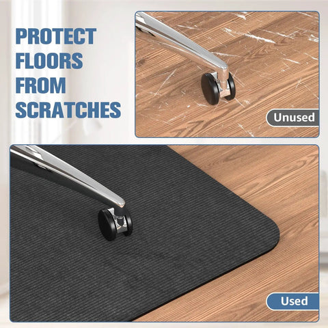 Comparison showing Corduroy Desk Chair Mat For Hardwood Floors, 55 By 35 Inches protecting floors with and without mat use.