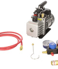 Kit Six Vacuum Pump And R134a Manifold Gauge Set With Twin Port Vacuum Pump For Easy Recharges. Shown with red hose and gauges.