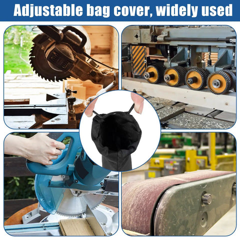 Shop Beast 2 Pack Black Dust Collection Bags Zipper Lock for miter saws and sanders, showing adjustable fit and usage.