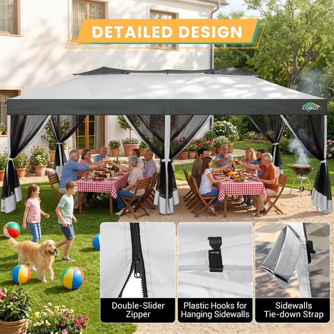 10x20 Pop Up Gazebo With Mosquito Netting Sidewalls No Tools Needed One Push Easy Up Canopy With Dual Vent Roof Waterproof And UV 50 Plus Screen Tent For Party Time Backyard Patios And Events installed in a backyard with people dining.