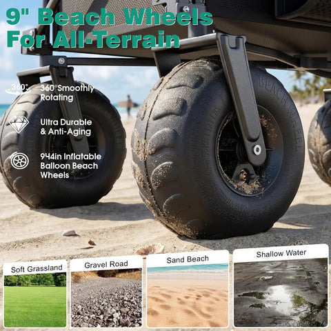 Close-up of 9 inch balloon wheels of Heavy Duty Beach Wagon With 9 Inch Balloon Wheels, 550 Lb Capacity, Foldable Beach Cart.