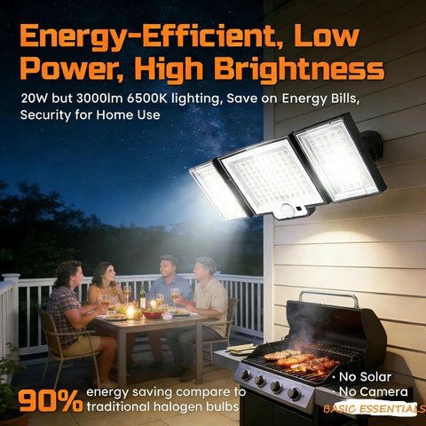 LED Motion Sensor Security Flood Lights With Remote Control, Daylight 6500K 20W 3000 Lumens, mounted on outdoor wall