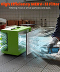 Tabletop Dust Collector For Woodworking Portable Air Filtration System with MERV-13 Filter in garage setting.