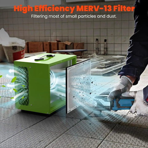 Tabletop Dust Collector For Woodworking Portable Air Filtration System with MERV-13 Filter in garage setting.